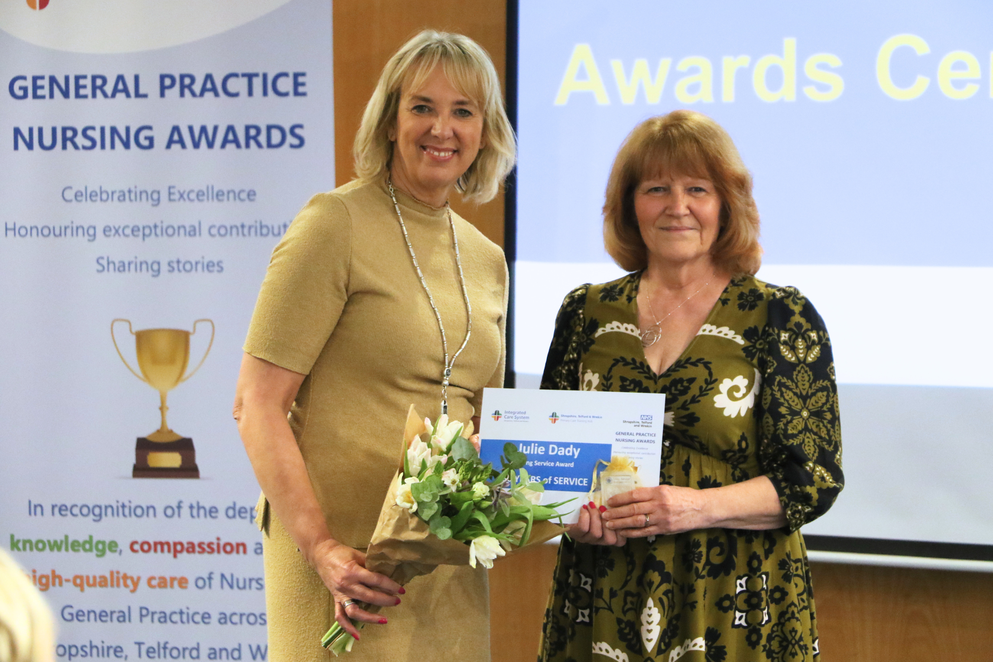 Chief Nursing Officer, Vanessa Whatley, presenting Julie Dady with her 50 Years Service Award