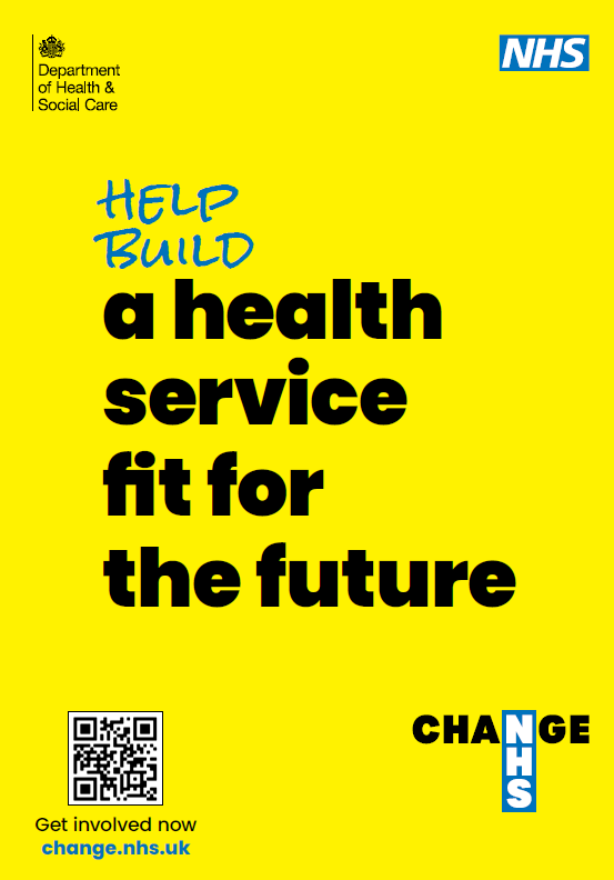 Yellow poster reading: Help build a health service fit for the future. There is a logo in the bottom right corner reading 'Change NHS' and a QR code in the bottom left with text underneath 'Get involved now. Change.nhs.uk'